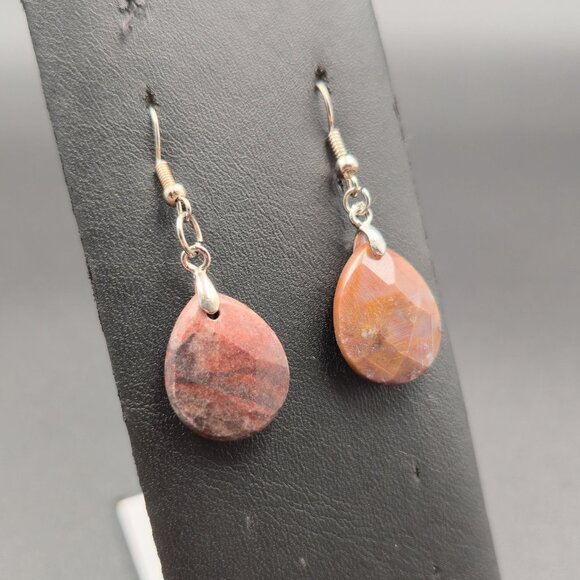 Silver Plated Brown Jasper Stone Dangle Earrings A6503 - Picture 2 of 5